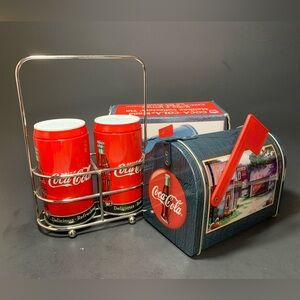 Coca-Cola Vintage Tin Can Salt and Pepper Shakers and Collector's Small Mailbox